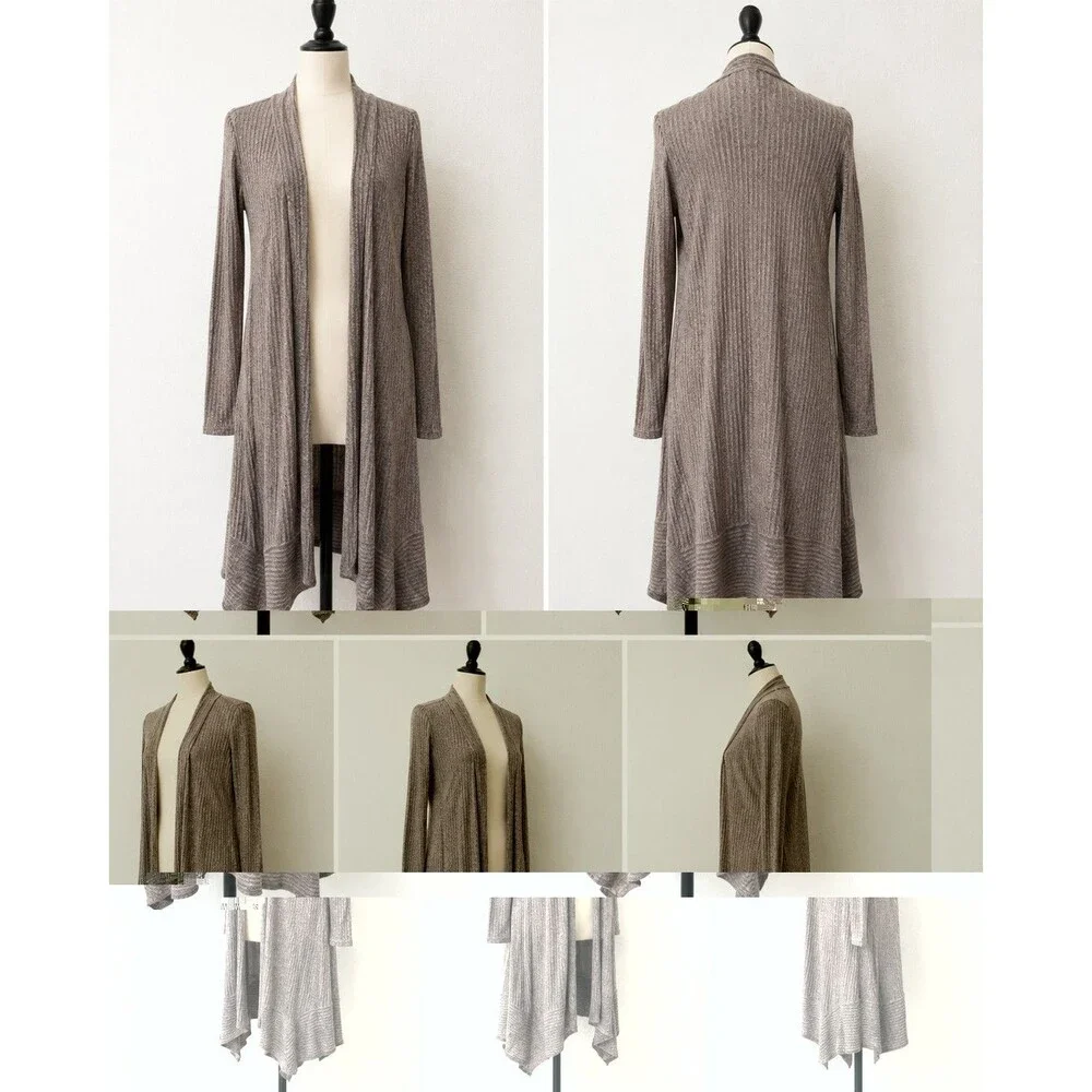 White House Black Market Women's Brown Rib-Knit Open Front Cardigan Sweater S